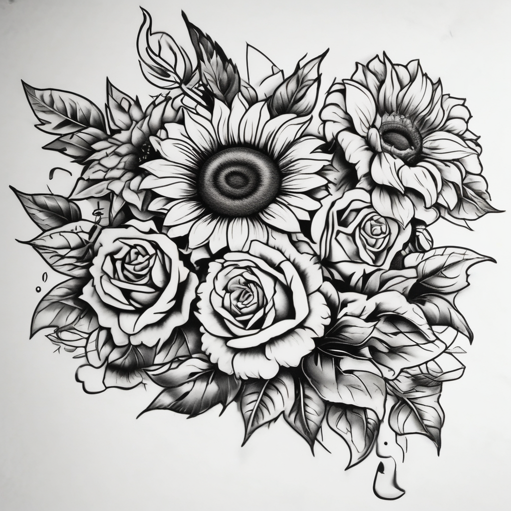 sunflower and roses floral sleeve tattoo hello kitty tattoo, AI-generated Old School tattoo design